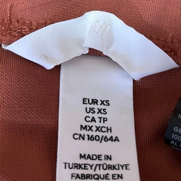 H&M Gusset Panel Brown Ruched Ruffle Draped Jersey Midi Straight Pencil Skirt XS - Picture 4 of 5